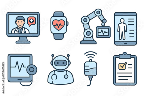 Medical technology icon set. Healthcare advancements in digital, robotic applications. Remote patient monitoring, telemedicine, AI doctor, smart device, online consultation vector.