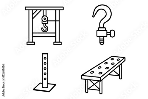 Scaffold accessories line icon set. Vector outline icons of modular scaffolding parts. Construction equipment includes hoist, work platform, clamp hook, and adjustable base.