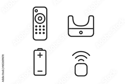 Remote control vector icon set. Outline graphic collection with TV controller, battery, charging dock, and IR signal. Technology and smart home user interface elements.