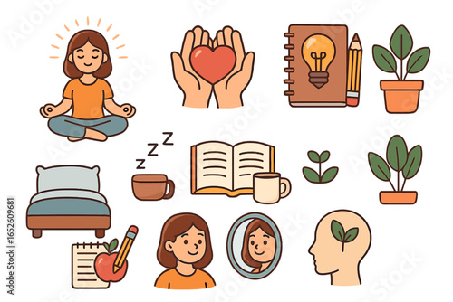 Mindfulness and self-care icon set. Practices for mental well-being and personal growth. Vector illustrations of meditation, journaling, positive mindset, and healthy habits.