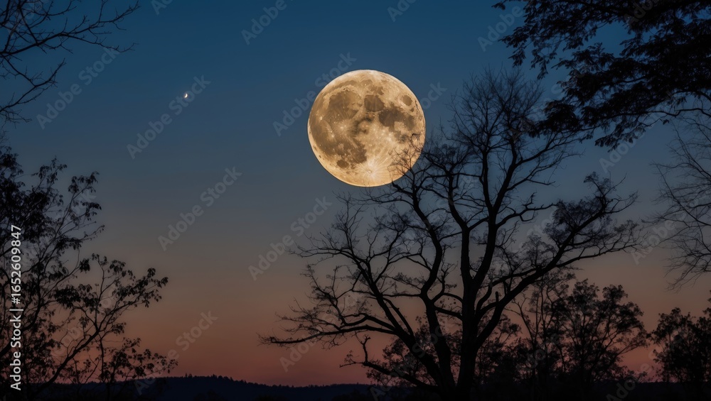 Fototapeta premium Dawn breaks over a silhouetted landscape featuring a crescent moon and the morning sky