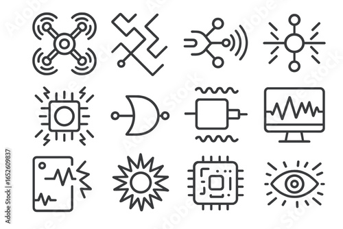 Panel chaos signal energy relay icon vibrating eye feedback icons erratic vector