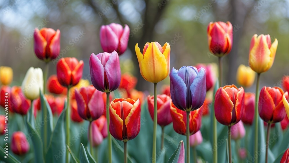 Fototapeta premium Close-up shot capturing a variety of colorful tulips in bloom