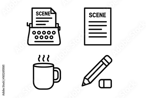 Scriptwriting process line icon set. Screenwriting elements concept. Typewriter, screenplay, movie script, pencil, coffee mug icons. Author, writing, creative vector pack.