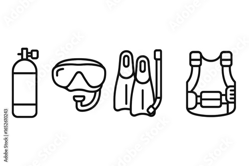 Scuba diving equipment line icons. Set of diver gear symbols for snorkeling and underwater adventure. Vector illustration of scuba tank, mask, fins, snorkel, BCD.