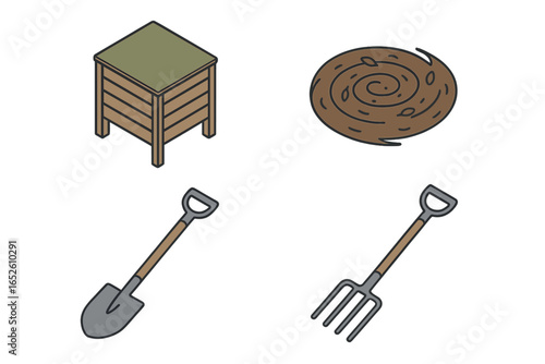 Isometric compost icons set. Flat vector illustration of a compost bin, soil pile, shovel, and garden fork. Concept for organic recycling, gardening, and fertilizer.