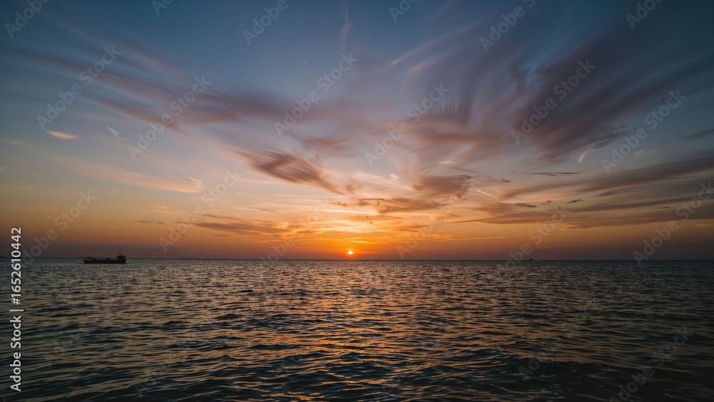 Obraz premium Calm ocean scene at dusk featuring clouds and a vibrant sunset, ideal for a serene background.