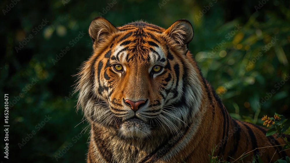 Obraz premium Intimate portrait of a fierce tiger from the Indochina region, showcasing its natural environment.