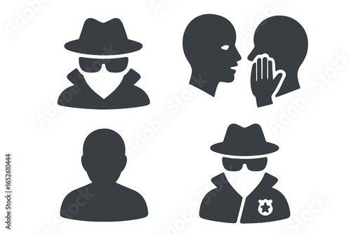 Secret agent and police detective icon set. Flat vector illustration of a spy, informant, whisper, and anonymous user profile. For espionage, security, and surveillance.