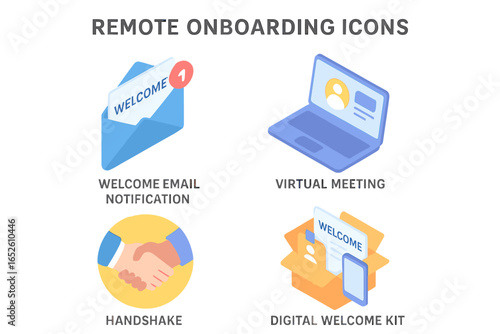 Remote onboarding isometric icon set. Vector illustration of a new employee hiring and human resources process. Includes virtual meeting, welcome email, digital welcome kit, and handshake.