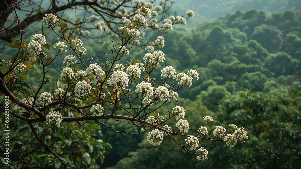 Naklejka premium Branches decorated with bunches of tiny white blossoms