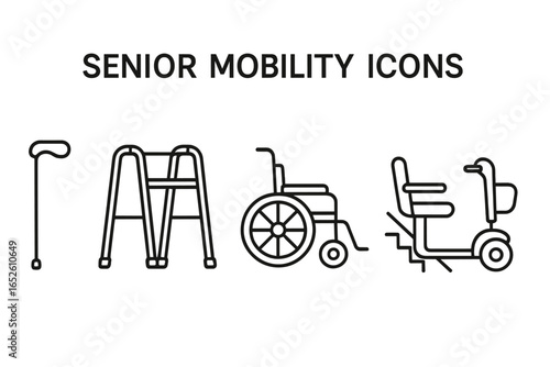 Senior mobility assistance outline icon set. Vector illustration of walking cane, walker, wheelchair, stairlift, mobility scooter. Elderly care & accessibility equipment.