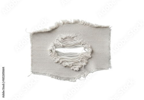 Irregular off-white natural canvas fabric with prominent tear & frayed threads, showcasing texture, isolated on seamless transparent background with diffuse studio light. Concept of material study