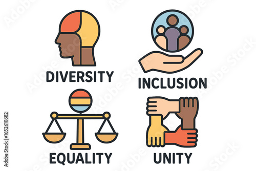 Diversity, inclusion, equality, unity icon set. Vector symbols of equity, belonging, and social justice. Multicultural teamwork and community support. Human rights concept illustration.