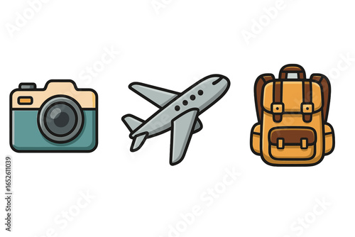 Travel icon set with camera, airplane, backpack. Vector cartoon illustration for adventure tourism, vacation journey. Isolated collection for design, web, app, and print elements.