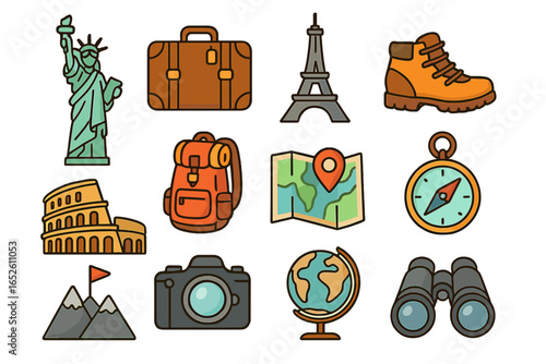 Travel icons set with famous landmarks and exploration tools. Vector illustration of Statue of Liberty, Eiffel Tower, Colosseum, backpack, map, compass for wanderlust concept.