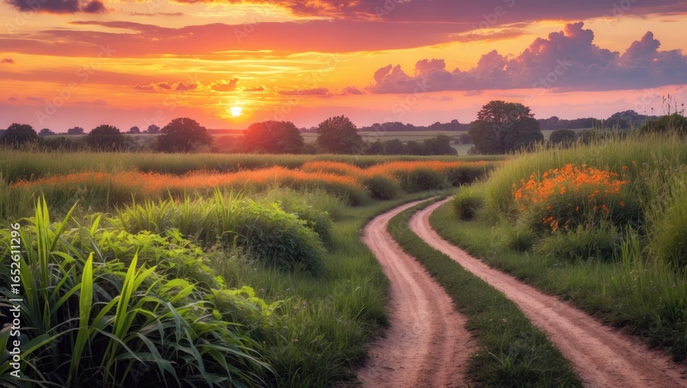 Naklejka premium Toned tracks across a sunset-lit field