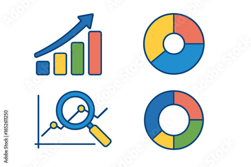 Colorful data visualization vector icon set. Business analytics graphs and charts. Bar graph for growth, pie chart for statistics, line graph with magnifier for market research and analysis.