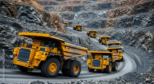 Heavy-Duty Mining Trucks Transporting Ore in an Open-Pit Mine