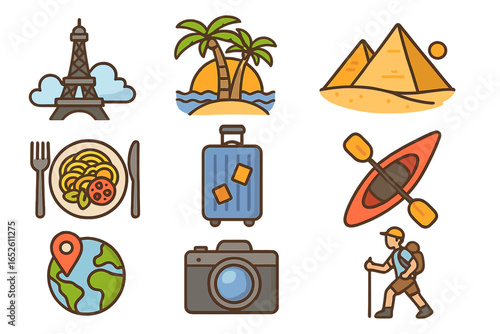 Travel icon set vector illustration. World landmarks and tourism symbols. Adventure exploration concept. Holiday vacation icons. Paris Egypt food kayaking hiking photography design.