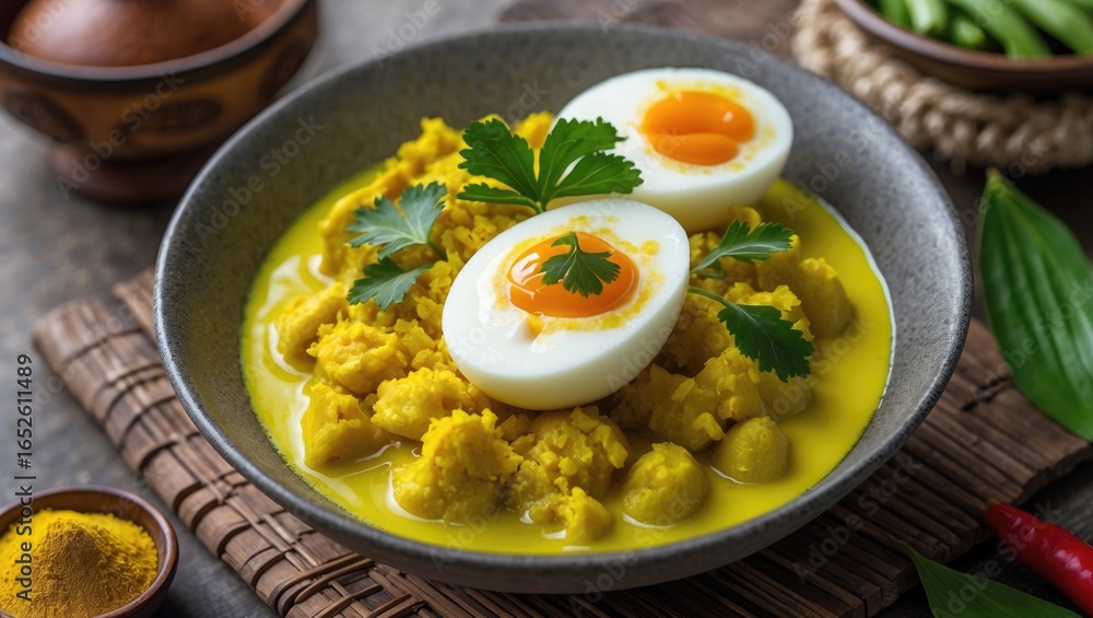 Yellow-spiced boiled eggs simmered in rich coconut milk Yellow-spiced boiled eggs simmered in rich coconut milk