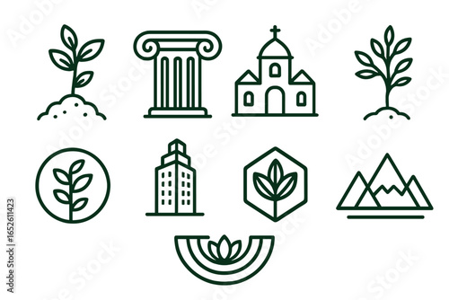 Nature and architecture icon set. Concept growth, structure, harmony. Plant, tree, mountain, building, church, column symbols. Outline vector logo elements for design business.