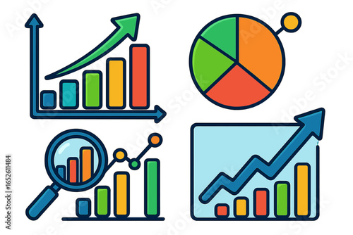 Business data analytics icon set with colorful charts and graphs. Vector infographic elements for financial report, marketing presentation, statistics. Concept of growth, progress.
