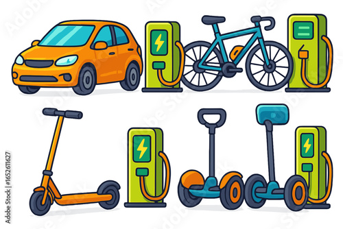 Electric transportation vector set. EV car, e-bike, e-scooter, and self-balancing scooter with charging stations. Concepts for urban mobility, green energy, and sustainability.