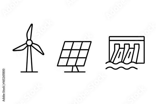 Renewable energy outline icon set. Wind turbine, solar panel, and hydroelectric dam illustration. Sustainable power generation, green eco technology vector symbols collection.