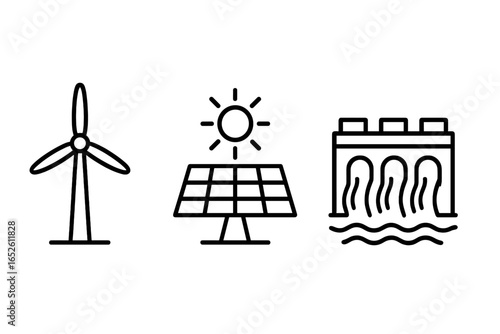 Renewable energy icon set. Green power sources. Wind turbine, solar panel, hydroelectric dam line icons. Sustainable, clean, alternative electricity vector illustration.