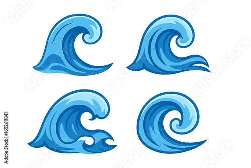 Set of blue ocean wave icons. Stylized water waves collection. Vector illustration for surf, sea, beach themes. Aquatic nature symbols, marine flow, and tidal crest logos.