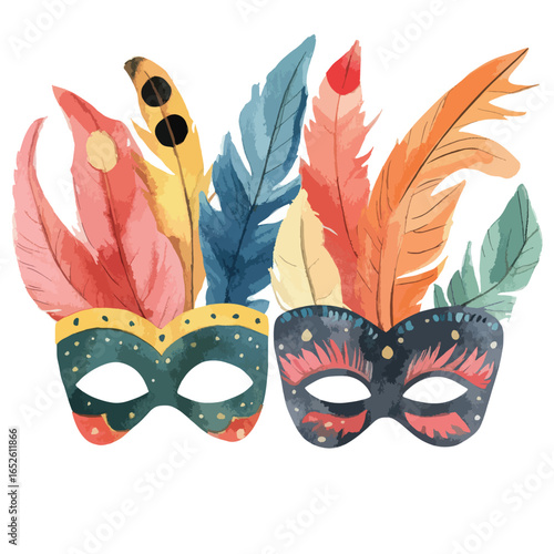Pair of Vibrant Carnival Masks Adorned with Colorful Feathers (1)
