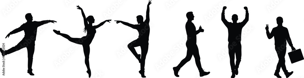 Obraz premium Diverse group of full-length silhouettes showcasing various actions, including elegant dancers, dynamic walking poses, and victorious gestures, perfect for illustrating movement, success,