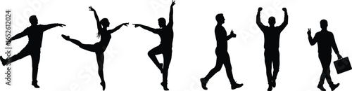Diverse group of full-length silhouettes showcasing various actions, including elegant dancers, dynamic walking poses, and victorious gestures, perfect for illustrating movement, success, 