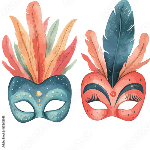 Pair of Vibrant Carnival Masks Adorned with Colorful Feathers