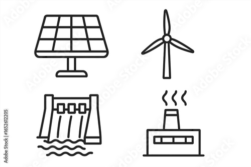 Renewable energy sources icon set. Simple outline vector illustration of solar panel, wind turbine, hydroelectric dam, and geothermal plant. Clean and green power technology concept.