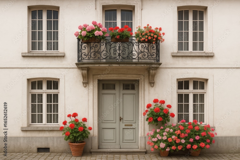 Naklejka premium Historic home exterior decorated with floral arrangements