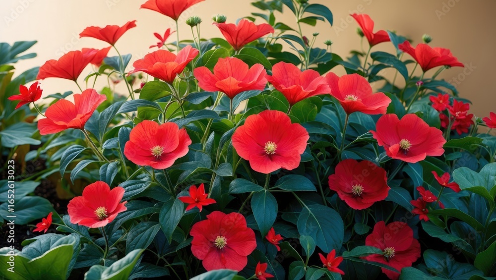 Fototapeta premium Design a vibrant garden with stunning red flowers and abundant green leaves, blooming throughout the seasons, highlighting their large petals.