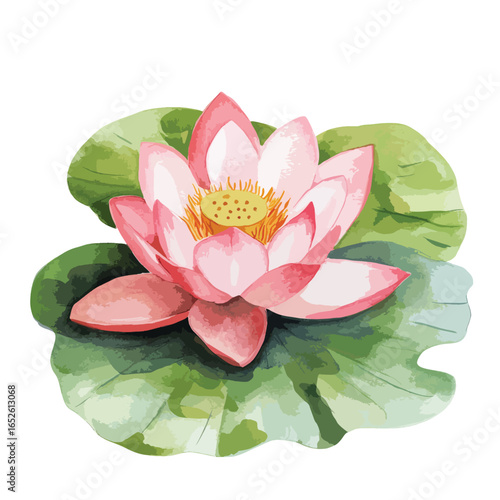 Pink Lotus Blossom on Green Pad Watercolor Style Illustration