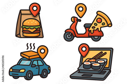 Online food order and delivery service icon set. Cartoon vector collection with fast food burger, pizza on scooter, sushi on laptop, and car delivery with map location pin.