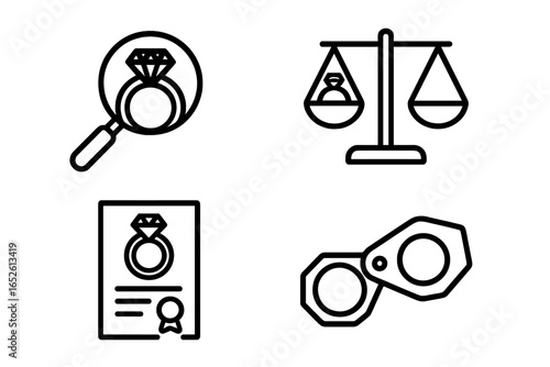 Ring appraisal icon set with magnifying glass, scale balance, certification document, and jeweler loupe; outline style vector illustration on transparent background