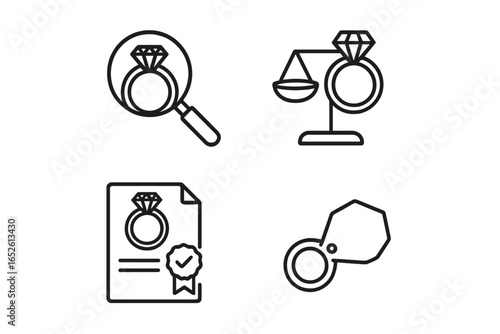 Ring Appraisal Icons Outline Vector with Magnifying Glass, Jewelry Scale, Certification Document, Jeweler's Loupe, Transparent Background, Jewelry Valuation, Diamond Inspection