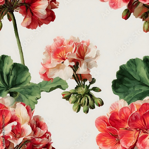 Vintage geranium flowers with red and pink petals isolated on white background