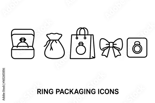 Ring Packaging Icons Vector Set with Outline Jewelry Box, Velvet Pouch, Gift Bag, Ribbon Bow, and Foam Insert - Minimalist Ring Presentation and Gift Packaging Design