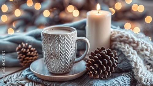 Wallpaper Mural cozy winter scene elements, candles, pine cones, warm blanket, m Torontodigital.ca