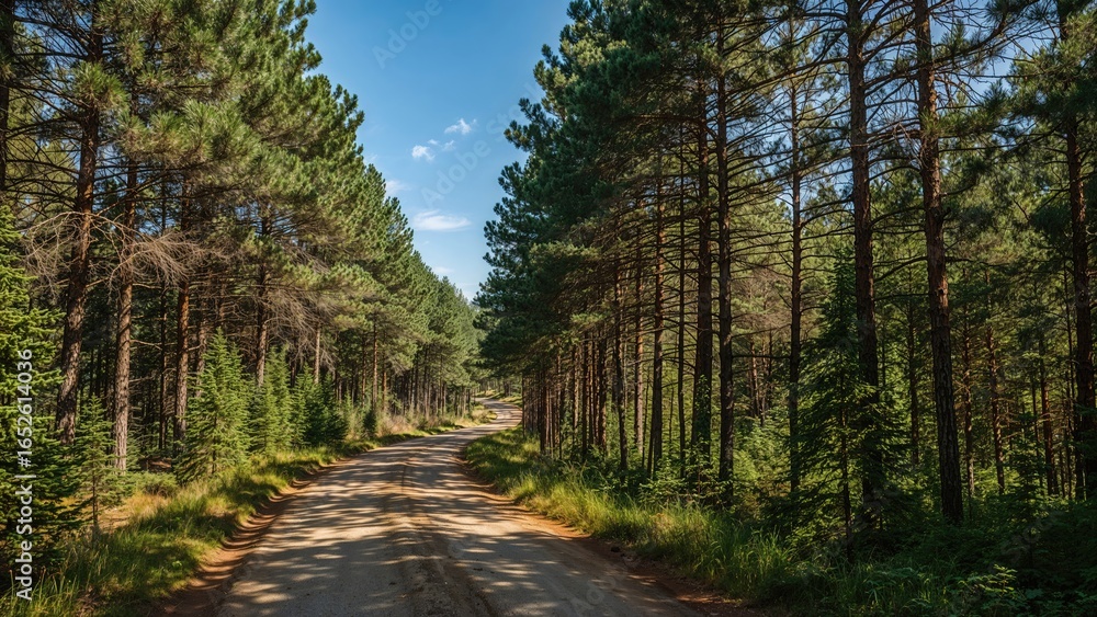 Naklejka premium Daylight route through a pine tree grove