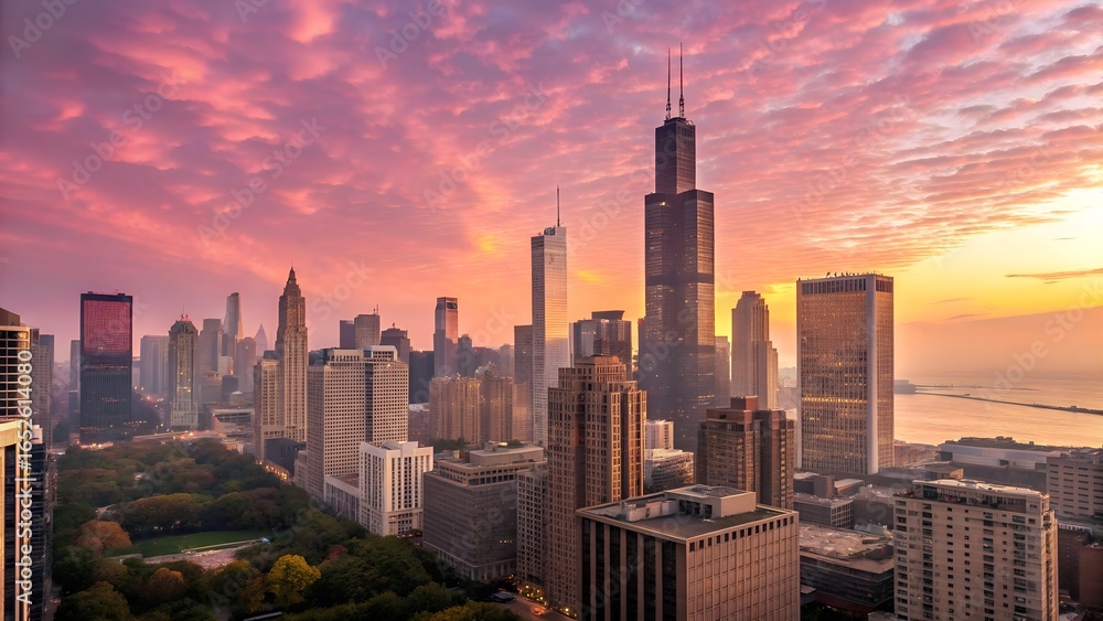 Fototapeta premium Pink and Gold Cityscape at Dawn.