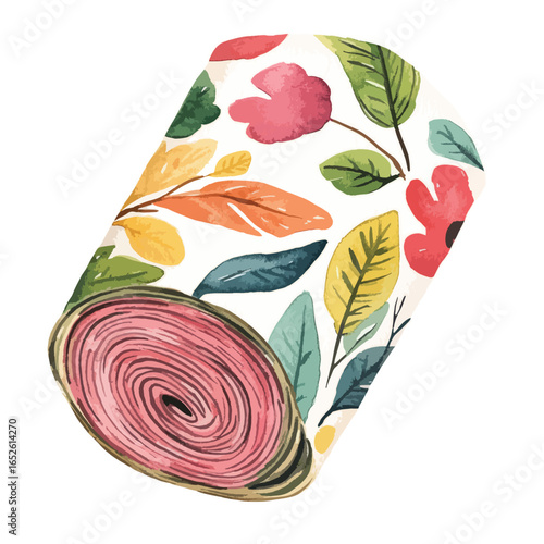 Rolled Floral Pattern with Pink Center and Colorful Leafy Embellishments