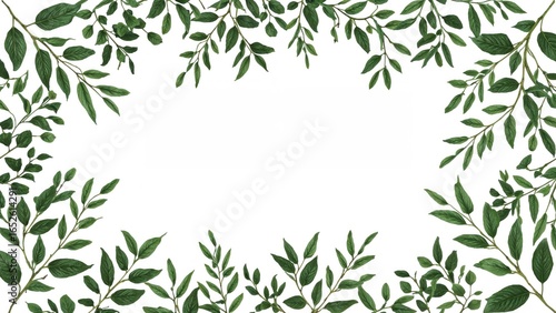 Botanical border featuring fresh green leaves and new shoots on a white backdrop. Natural foliage elements for layered backgrounds. Ideal for collage, greeting cards, and invitation designs.