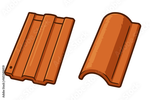 Set of two terracotta roof tiles. Comparison of clay roofing material profiles, including classic barrel tile and interlocking design. Vector cartoon illustration for construction.